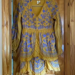 Anthropologie boho embroidered yellow/purple dress